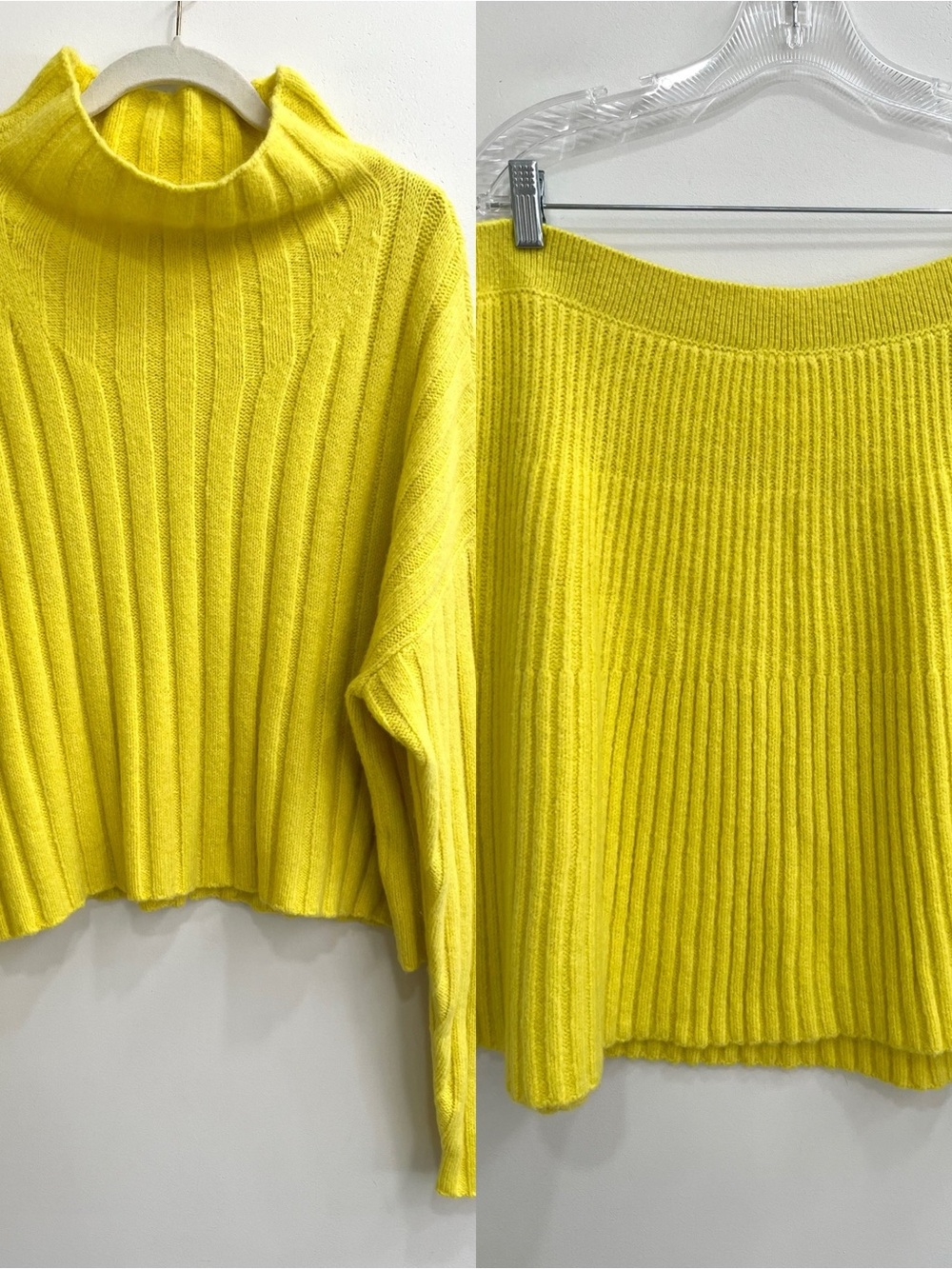 Anthropologie Maeve electric yellow funnel neck sweater mini skirt set wool yak